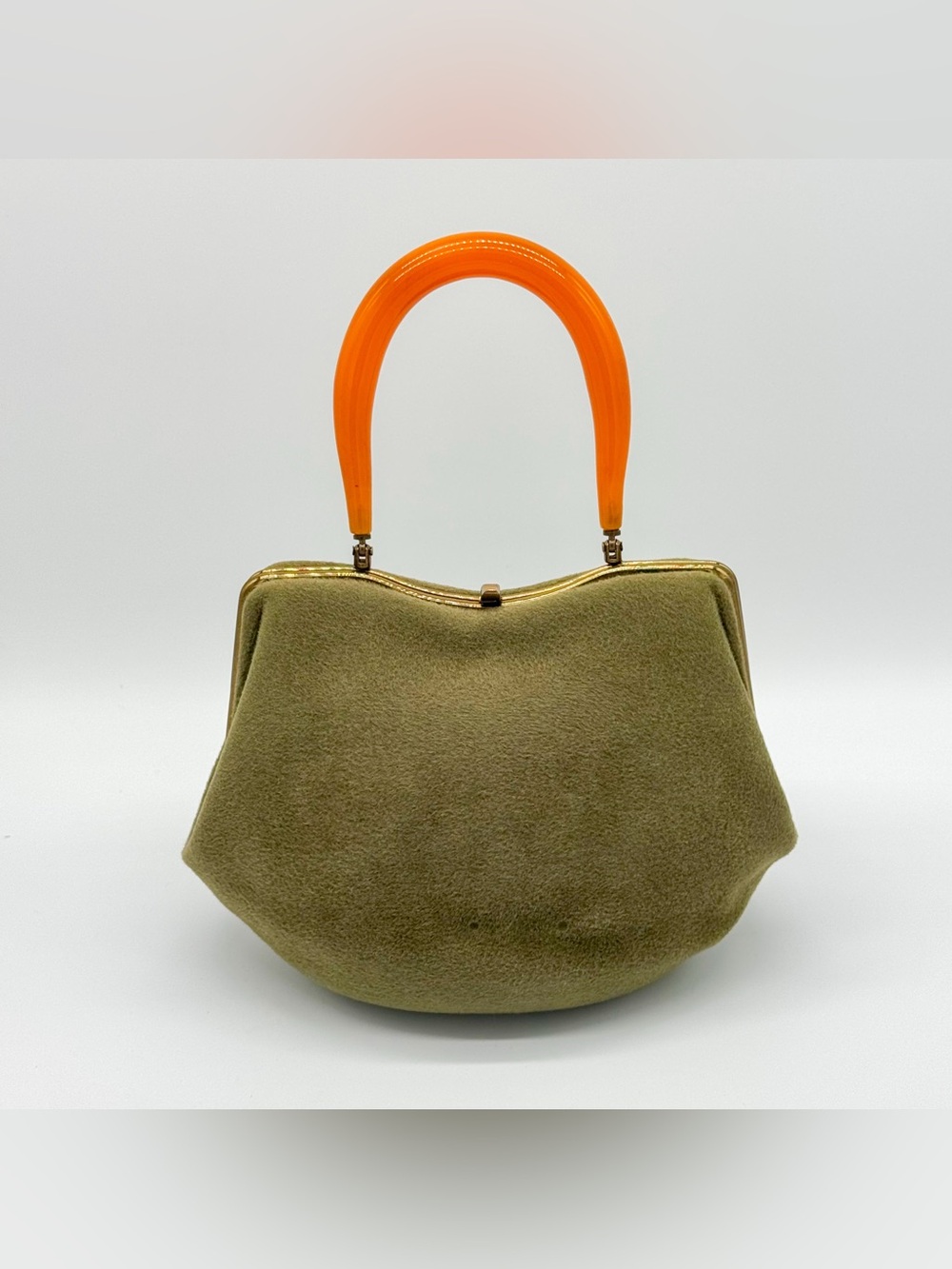 Vintage Morris Moskowitz MM Olive Green Felt Handbag Orange Lucite Handle MCM